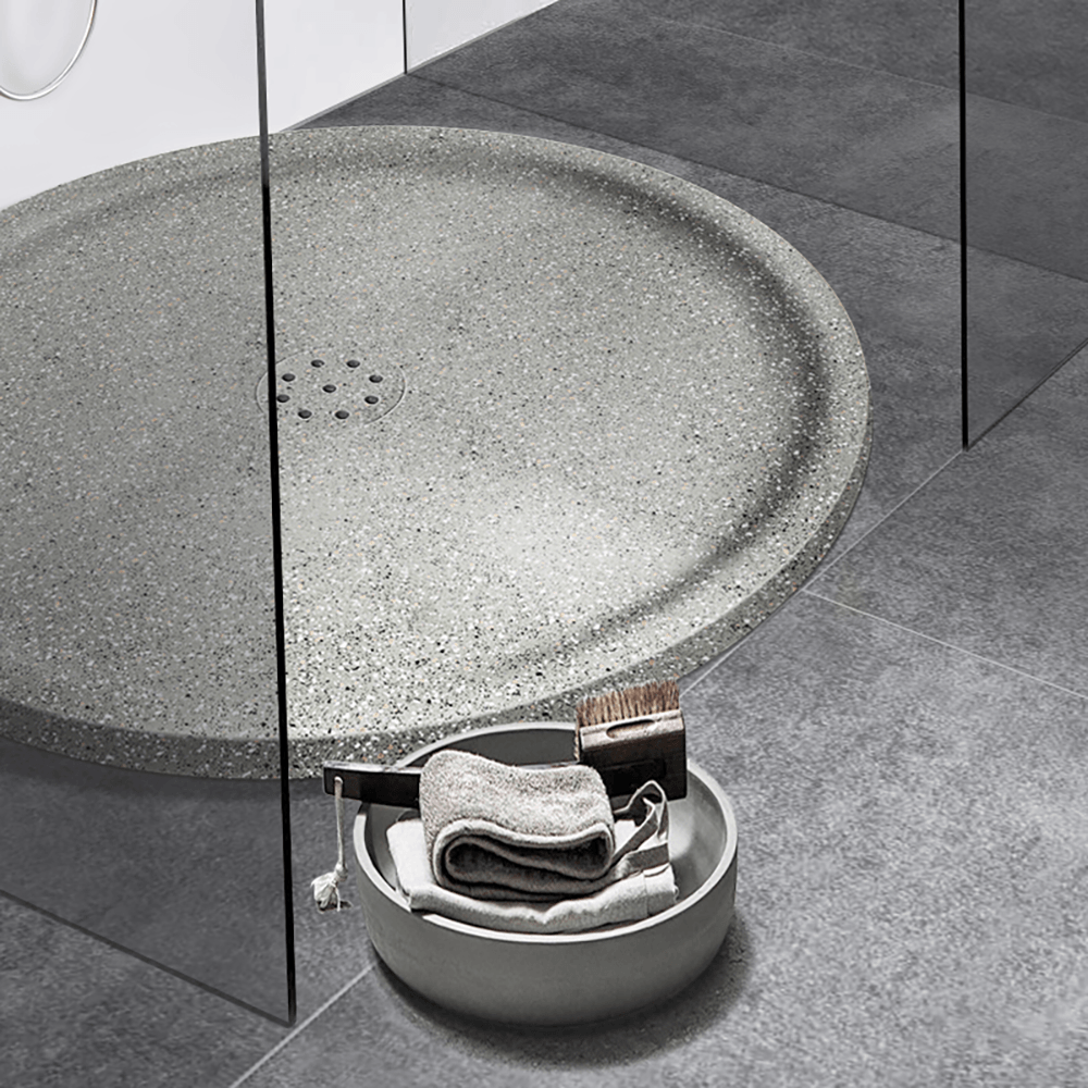 Kreisrundes Duschbecken auf dem Boden aufstehend mit Abkantung Kreis-Duschwanne tief Punktablauf aus Mineralwerkstoff