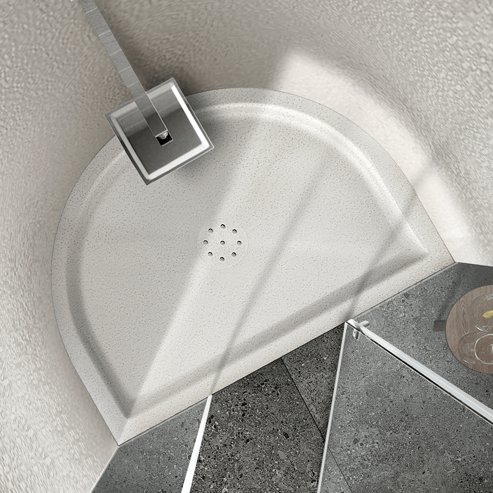 Halbkreis-Duschbecken in Terrazzo-Optik Halbkreis-Duschwanne tief Punktablauf aus Mineralwerkstoff