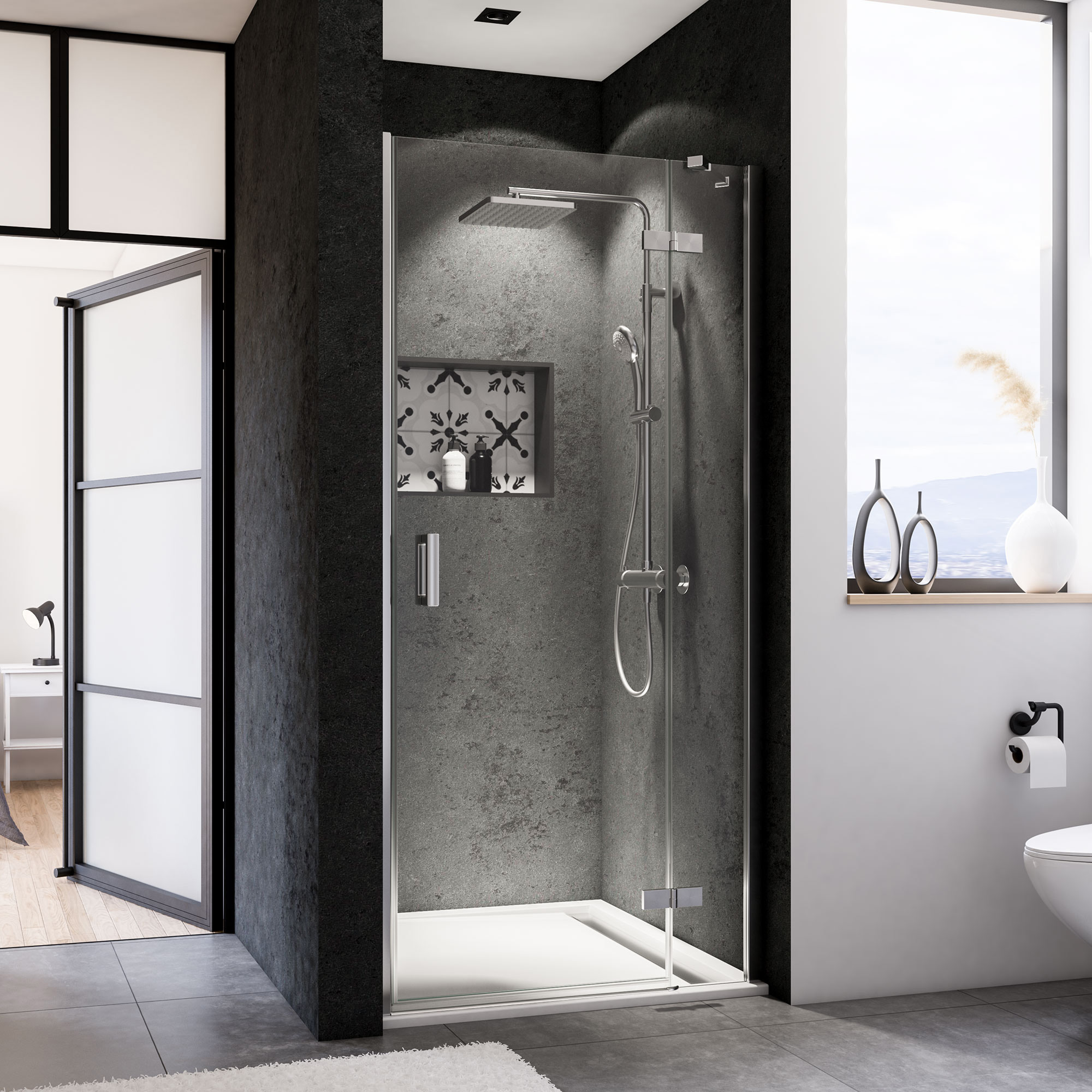 Porte pivotante panoramique avec partie fixe pour niche, charnières à droite Porte pivotante panoramique avec partie fixe pour niche, charnières à droite