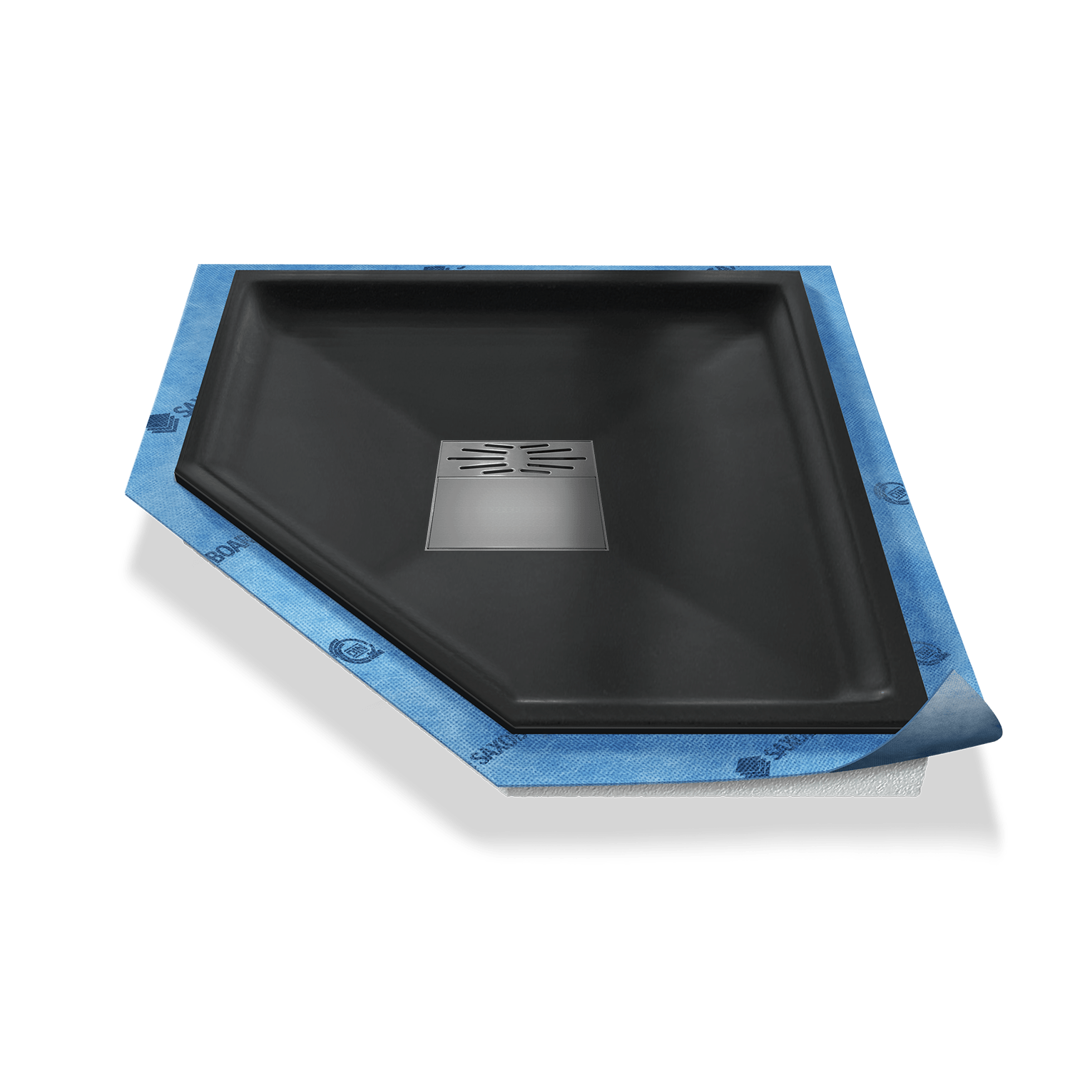 Fünfeck-Duschwanne tief Pumpensystem aus Mineralwerkstoff Fünfeck-Duschwanne tief Pumpensystem aus Mineralwerkstoff