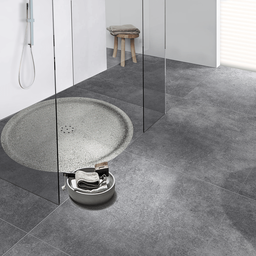 Kreisrundes Duschbecken in Granit-Optik Kreis-Duschwanne tief Punktablauf aus Mineralwerkstoff