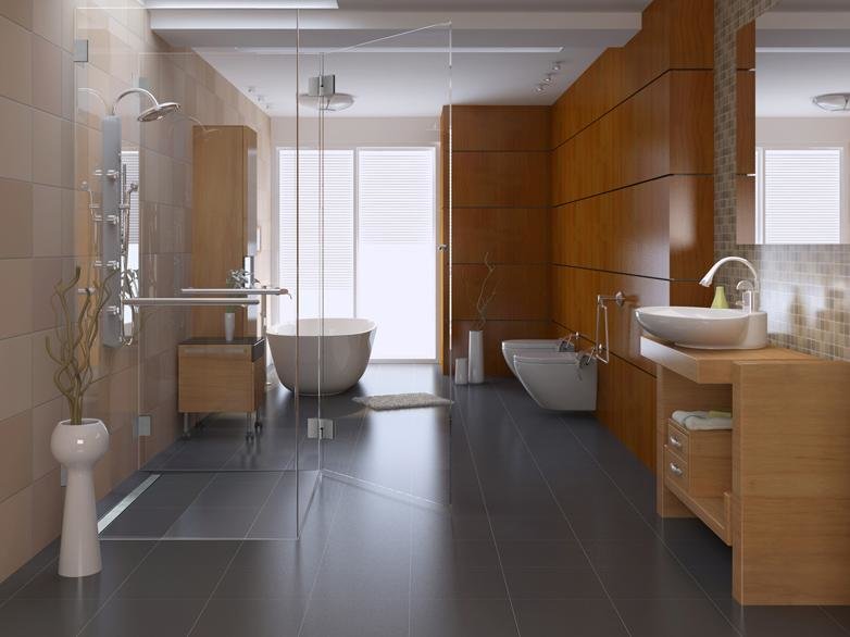 Salle de bain de rêve avec cabine de douche de plain-pied et baignoire sur pied