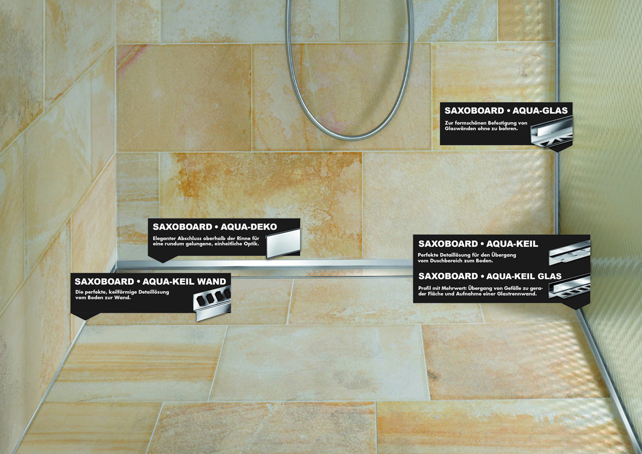 Saxoboard Showerprofil-Gefälleprofil Aquakeil aus Edelstahl Saxoboard Showerprofil-Gefälleprofil Aquakeil aus Edelstahl