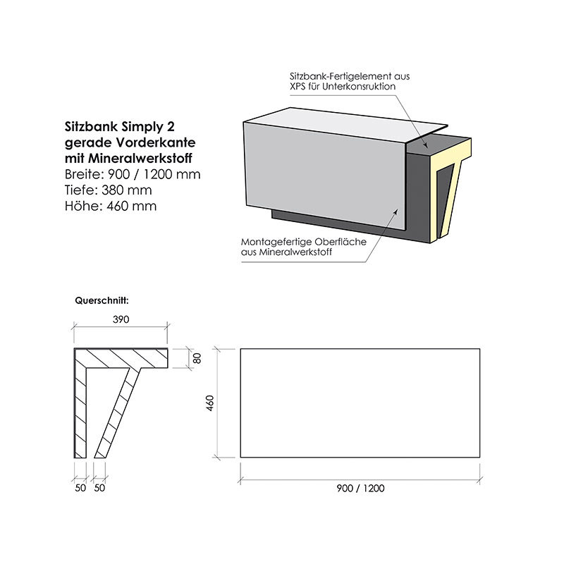 Sitzbank Simply 2 Mineralwerkstoff Saxoboard Sitzbank Simply 2 gerade Vorderkante