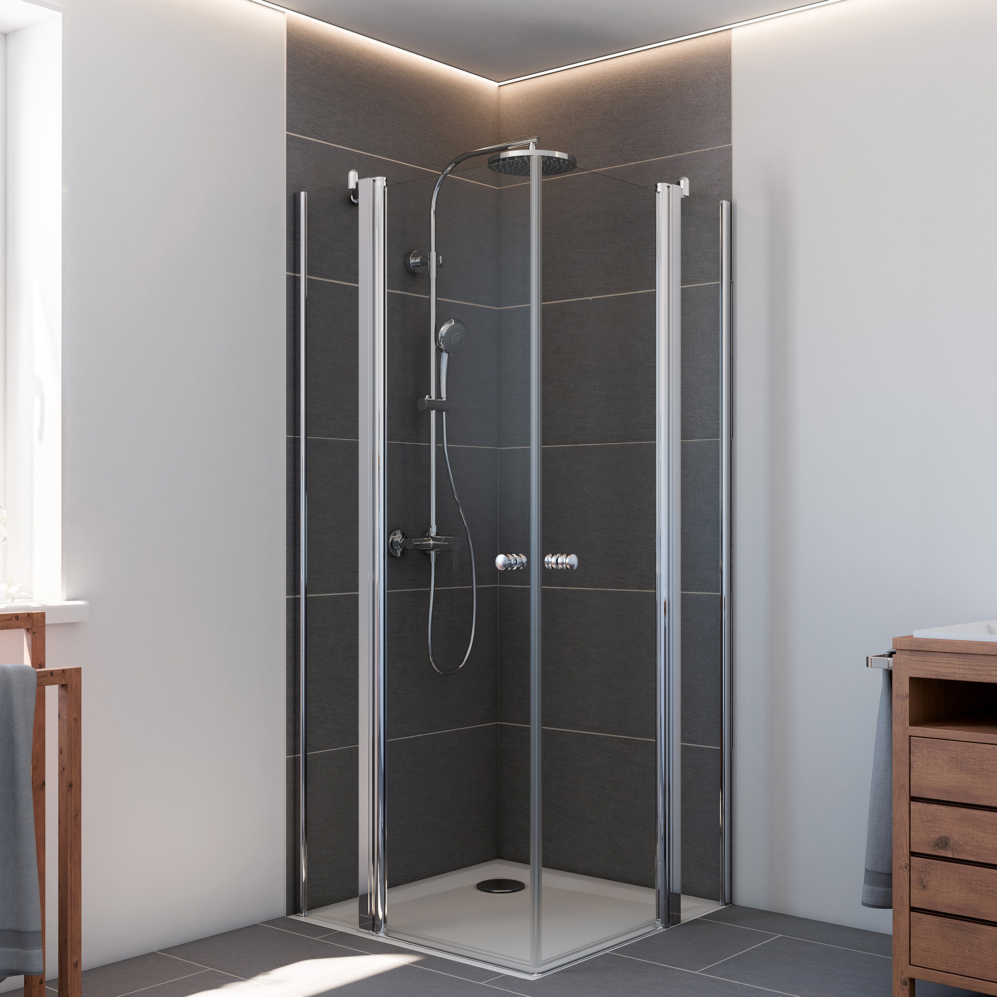 Elana 6 accès d'angle porte battante 4 éléments 90x90 cm Elana 6 accès d'angle porte battante 4 éléments 90x90 cm