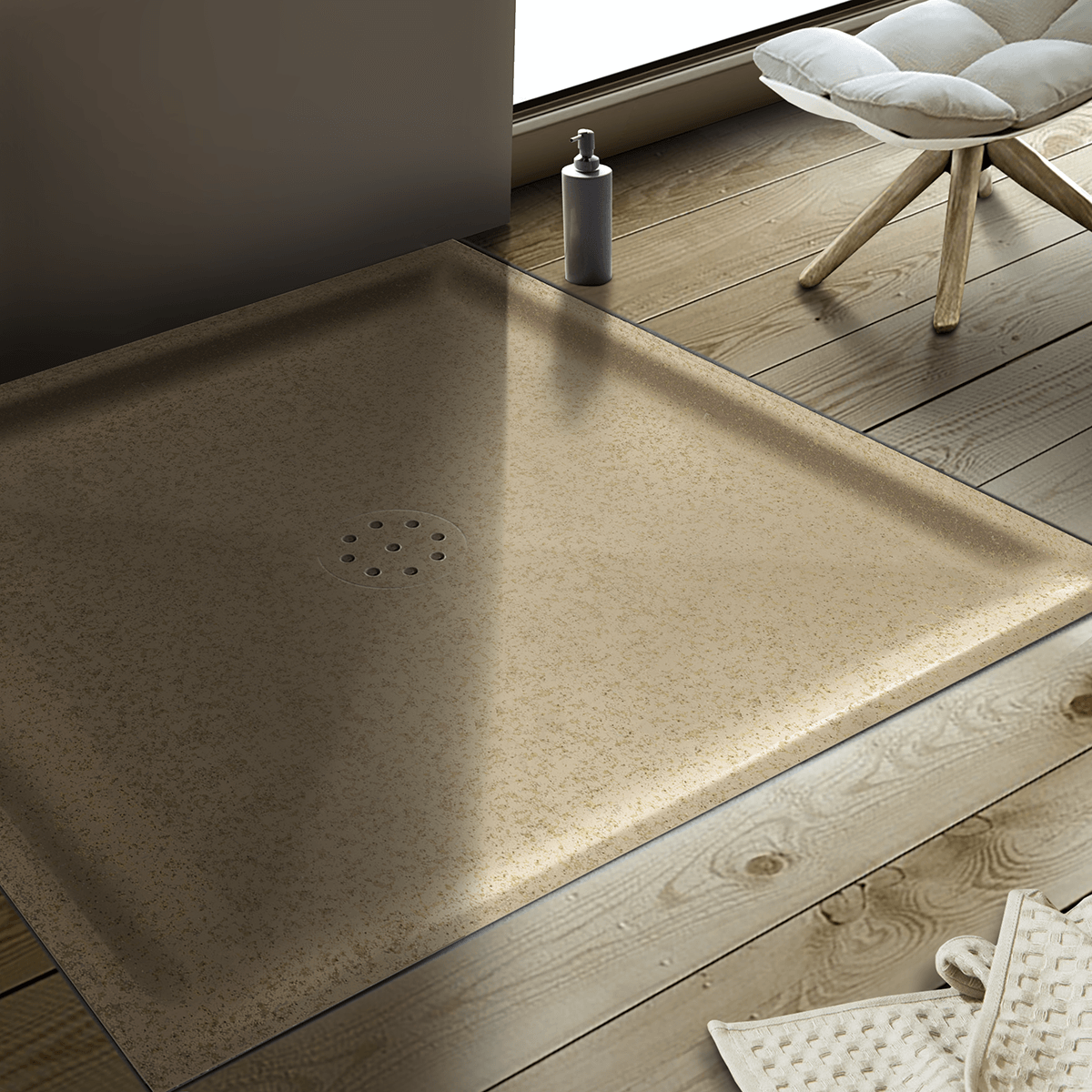 Duschbecken auf Holzfußboden Duschwanne tief Punktablauf aus Mineralwerkstoff