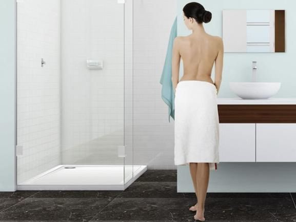 Duschwand aus Glas auf einer bodenebenen Duschwanne Duschwand aus Glas auf einer bodenebenen Duschwanne