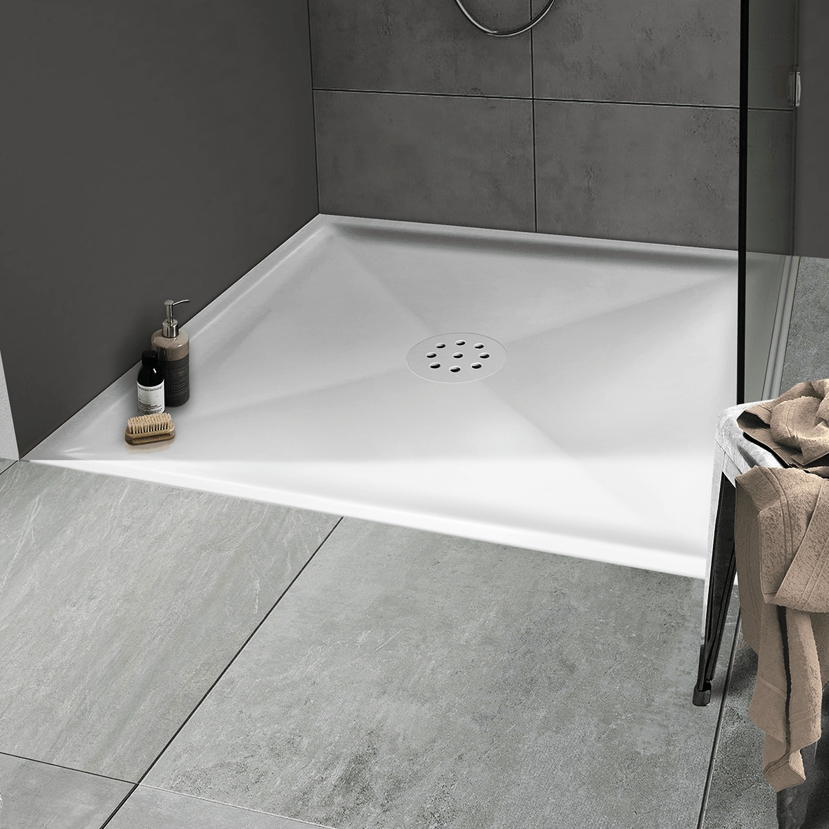Tiefe Duschwanne aus weißem Mineralwerkstoff Duschwanne tief Punktablauf aus Mineralwerkstoff