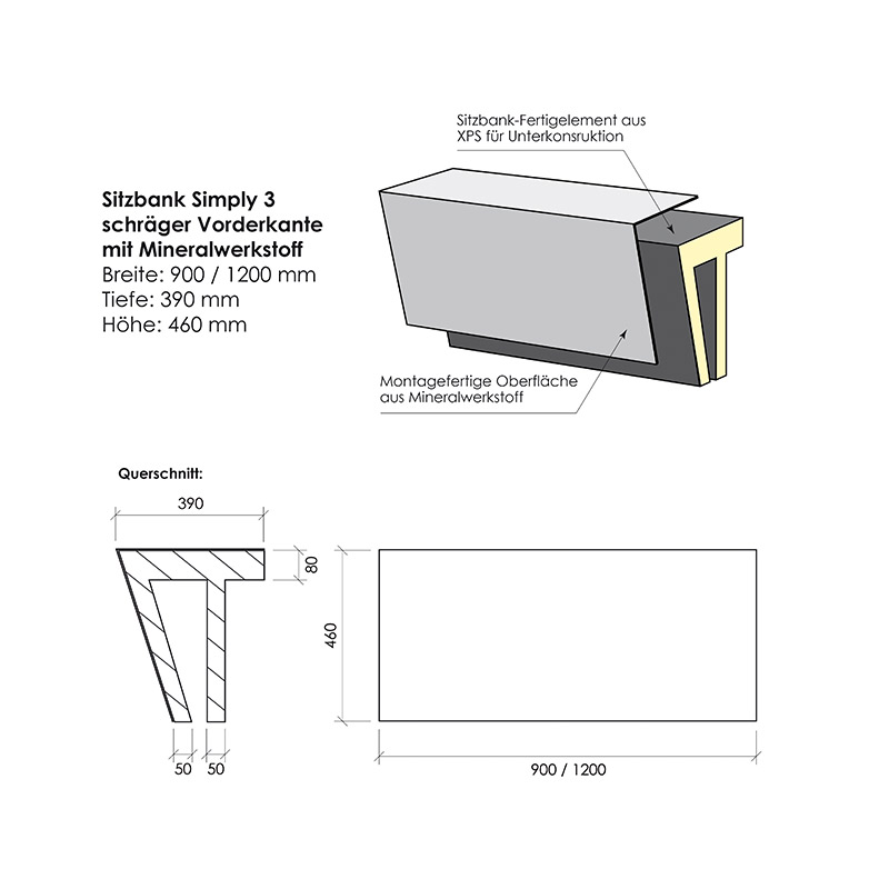 Sitzbank Simply 3 Mineralwerkstoff Saxoboard Sitzbank Simply 3 schräge Vorderkante