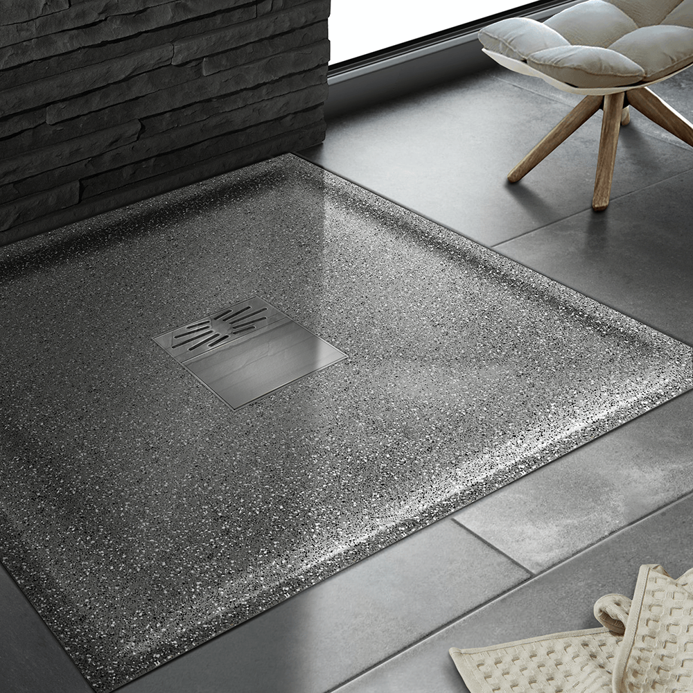 Duschbecken mit Pumpe in Granit-Optik Duschwanne tief Pumpensystem aus Mineralwerkstoff