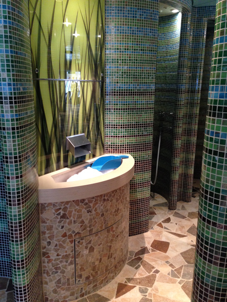 Un espace sauna avec plusieurs douches complètes carrelées Un espace sauna avec plusieurs douches complètes carrelées