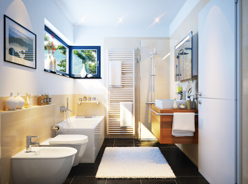 Petite salle de bain avec baignoire et douche d'angle Petite salle de bain avec baignoire et douche d'angle