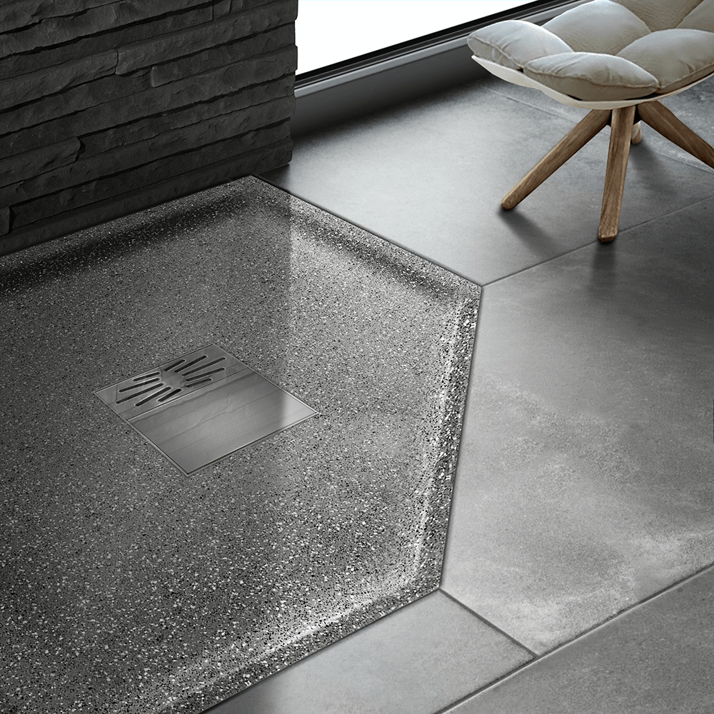 Fünfeck-Duschbecken mit Pumpensystem Fünfeck-Duschwanne tief Pumpensystem aus Mineralwerkstoff