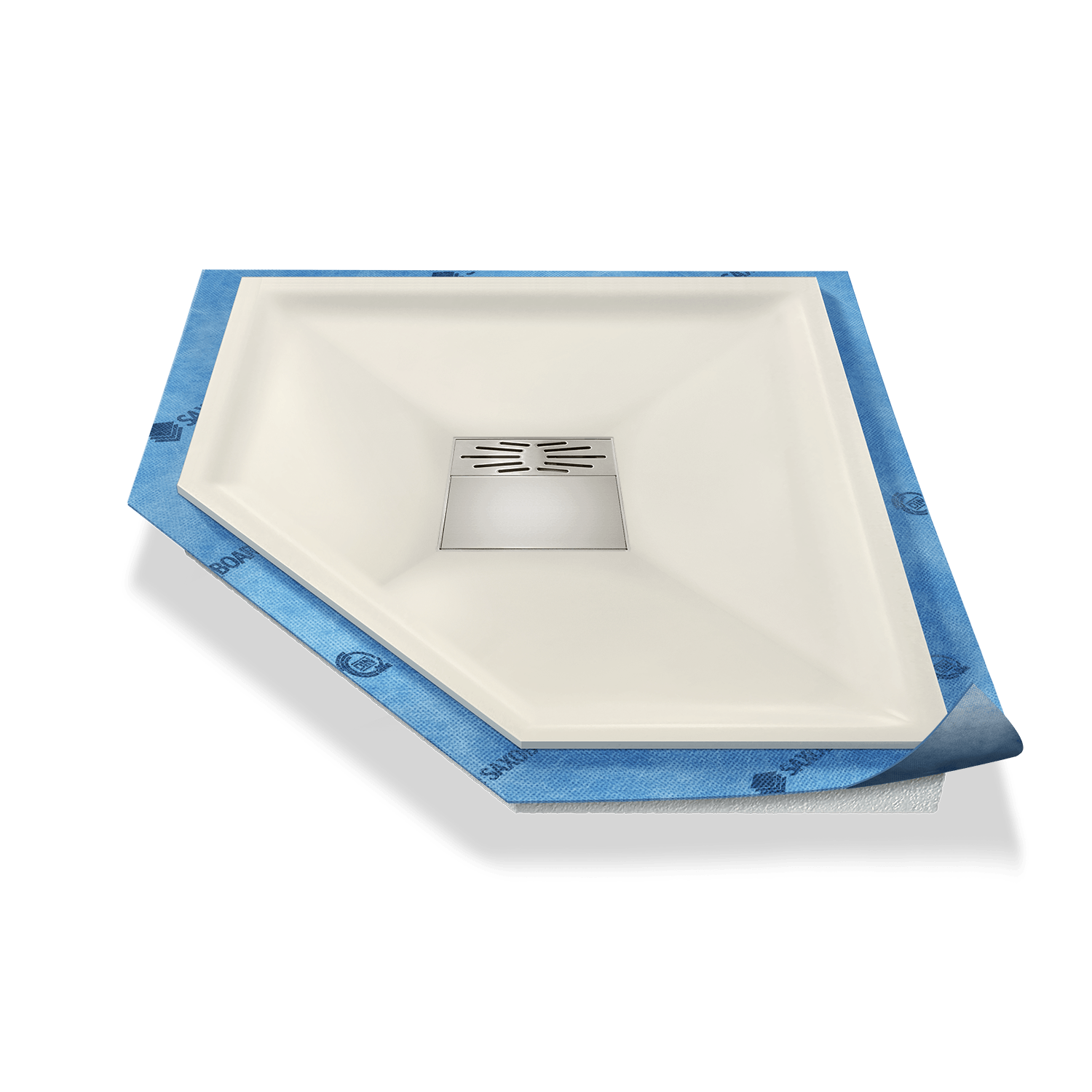 Fünfeck-Duschwanne tief Pumpensystem aus Mineralwerkstoff Fünfeck-Duschwanne tief Pumpensystem aus Mineralwerkstoff