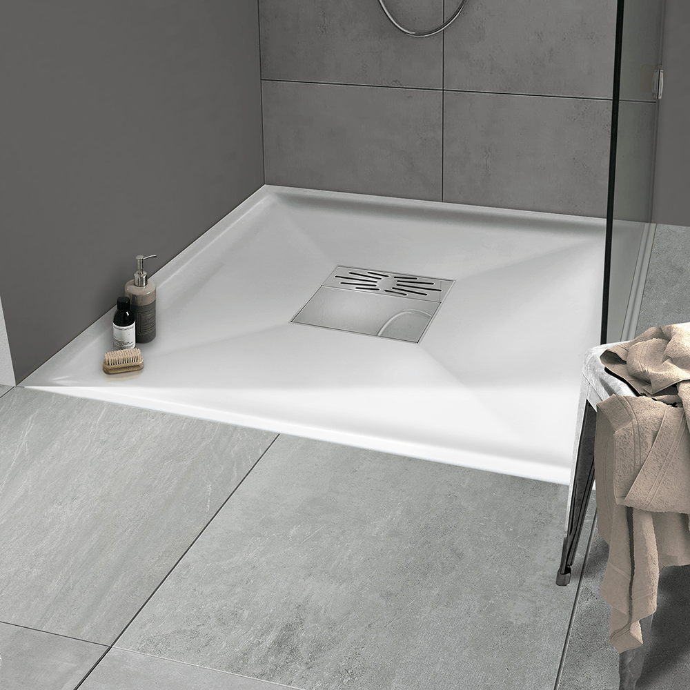 Duschbecken mit Pumpe aus weißem Mineralwerkstoff Duschwanne tief Pumpensystem aus Mineralwerkstoff