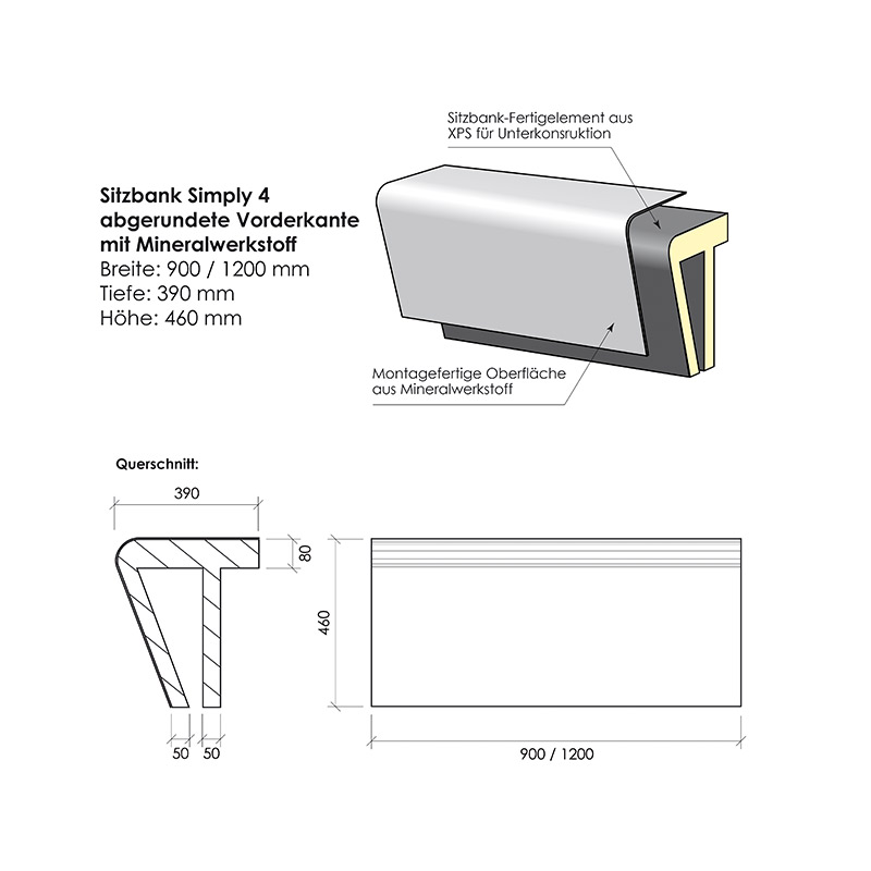 Sitzbank Simply 4 Mineralwerkstoff Saxoboard Sitzbank Simply 4 gerundete Vorderkante