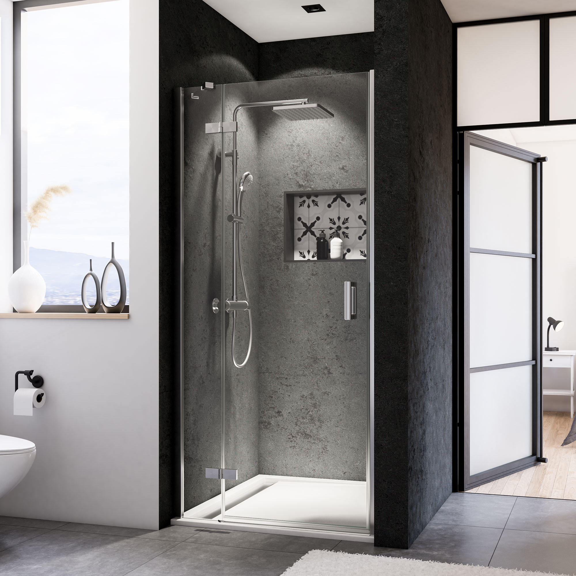 Porte pivotante panoramique avec partie fixe pour niche, charnières à gauche Porte pivotante panoramique avec partie fixe pour niche, charnières à gauche